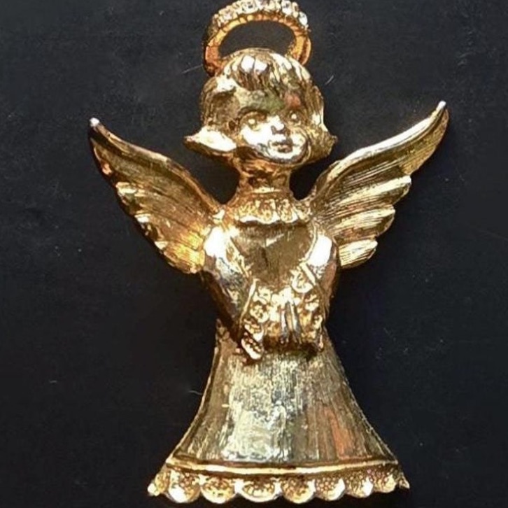 Gerry Signed Gold Angel Pendant Rhinestone Diamond Crown
